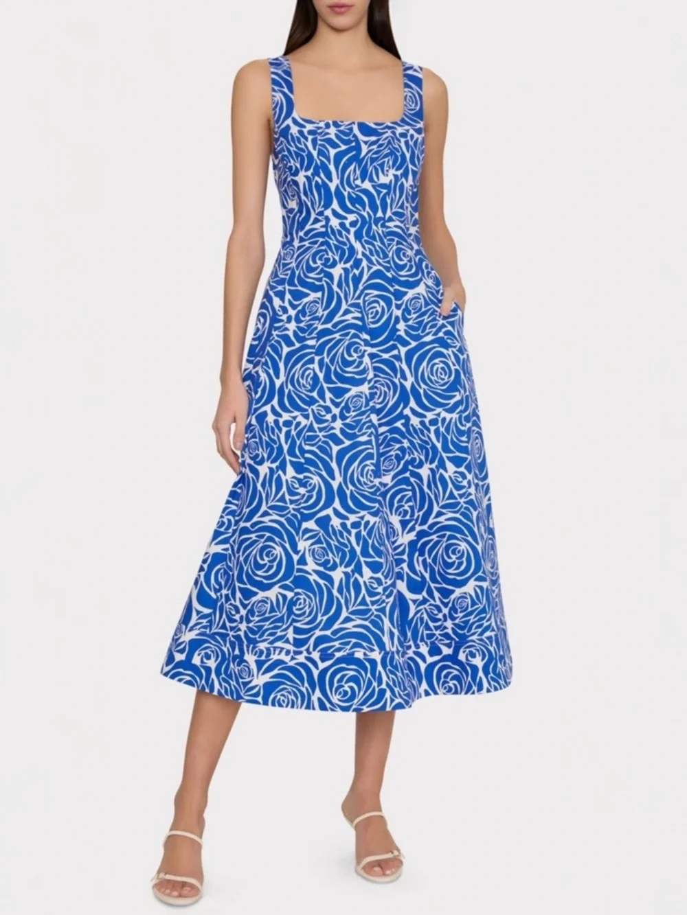 Milly Nia Blue Rose Floral Print Poplin Square Neck Women’s A-line Midi Dress